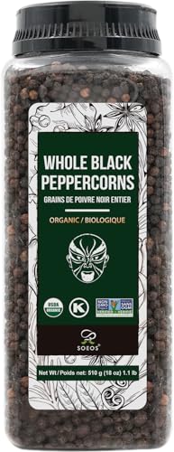 Soeos Organic Black Peppercorns, 18oz (Pack of 1), Non-GMO, Kosher, Packed to Keep Peppers Fresh, Peppercorn for Grinder