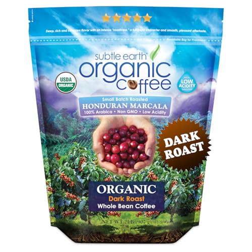 2LB Subtle Earth Organic Coffee - Dark Roast - Whole Bean Coffee - 100% Arabica Beans - Low Acidity and Non-GMO - 2lb ba