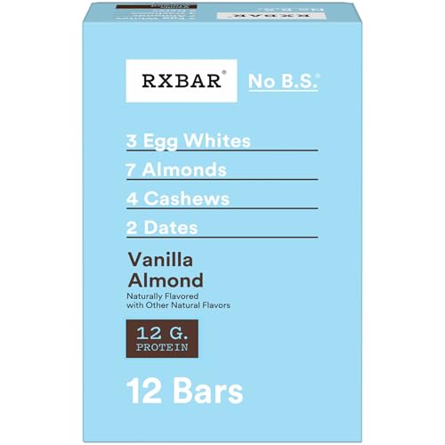 RXBAR Protein Bars, 12g Protein, Gluten Free Snacks, Vanilla Almond, 22oz Box (12 Bars)