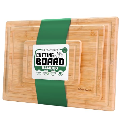 Freshware Wood Cutting Boards for Kitchen - Bamboo Cutting Board Set of 3, Cutting Boards with Juice Grooves, Serving Bo