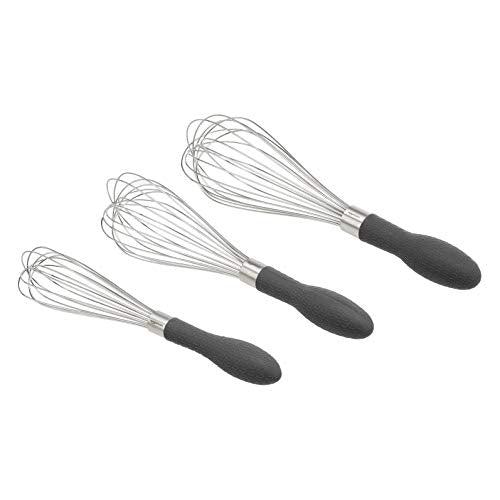 Amazon Basics Stainless Steel Wire Whisk Set for Cooking, Different Sizes, Easy to Hold Ergonomic Handle, 3 Piece, Black