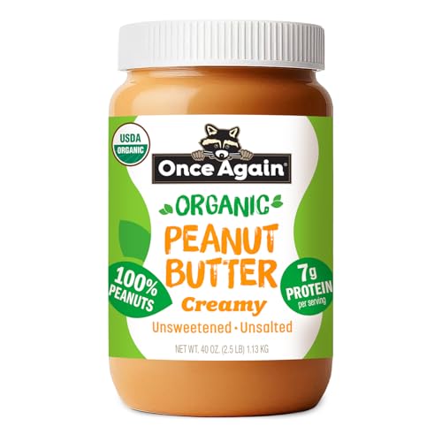 Once Again Organic Creamy Peanut Butter No Sugar Added - Large 2.5 Pound Jar - Single Ingredient, Unsalted, Natural Pean