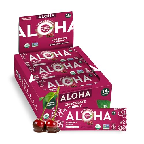 ALOHA Organic Plant Based Protein Bars - Chocolate Cherry - 12 Bars, Vegan, Low Sugar, Gluten-Free, Paleo, Low Carb, Non
