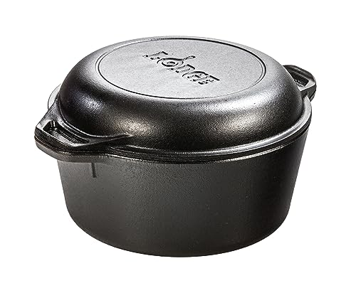 Lodge Cast Iron Double Dutch Oven 5 Quart - Pre-Seasoned 2-in-1 Cast Iron Cookware - Pot & Skillet Combo - Even Heat Ret