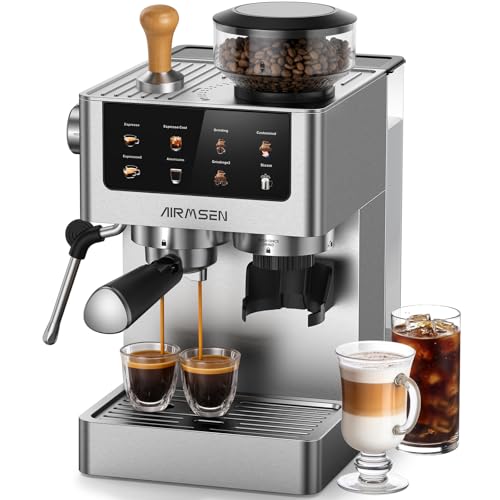 AIRMSEN Espresso Machines with Burr Grinder, 20 Bar, Milk Frother Steam Wand, Stainless Steel Coffee Maker for Home - Ca