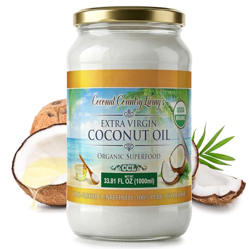 Coconut Country Living's Extra Virgin Coconut Oil in Glass Jar- Cold Pressed, Unrefined organic Superfood for Hair, Skin