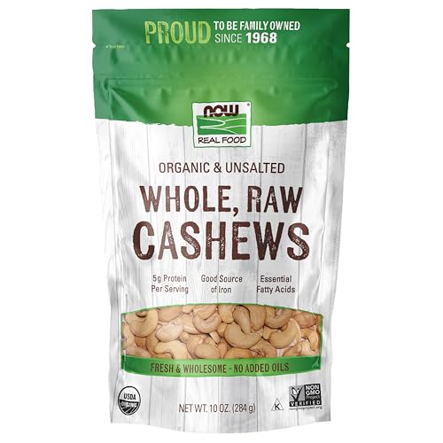 NOW Foods, Certified Organic Cashews, Whole, Raw and Unsalted, Rich Buttery Flavor, Source of Fiber, Protein and Iron, C