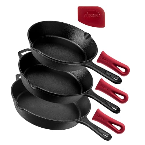 Cuisinel Cast Iron Skillet Set - 8" + 10" + 12"-Inch Pre-Seasoned Frying Pans + Silicone Handle Grip Covers - Indoor/Out
