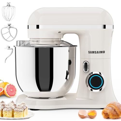 SAMSAIMO 3-IN-1 Electric Stand Mixer, 10-Speed With Pulse Button, Attachments include 6.5QT Bowl, Dough Hook, Beater, Wh