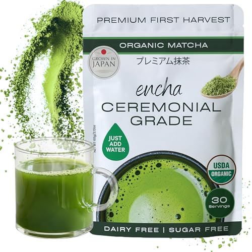 Encha Matcha - Ceremonial Grade Matcha Powder, Organic First Harvest Japanese Green Tea Powder, From Uji, Japan (60g/2.1