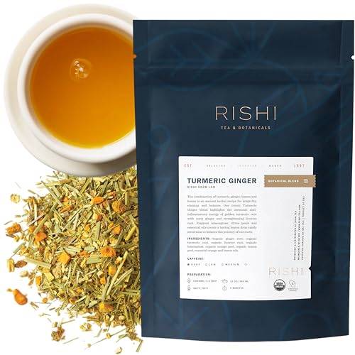 Rishi Tea Turmeric Ginger Herbal Tea - Organic Loose Leaf, Caffeine Free Blend with Spicy Ginger & Citrus, Hot or Iced -