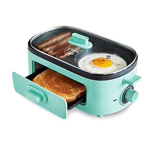 GreenLife 3-in-1 Breakfast Maker Station, Healthy Ceramic Nonstick Dual Griddles for Eggs Meat Sausage Bacon Pancakes an