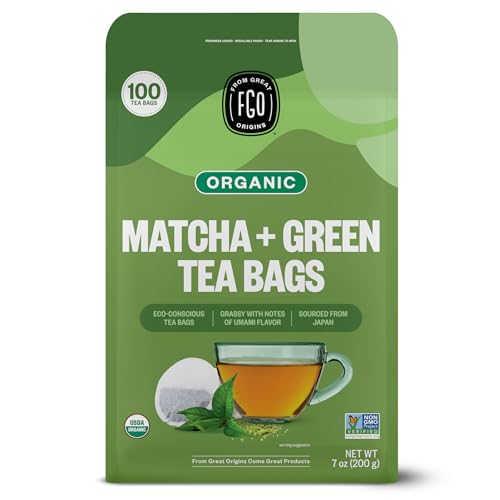 FGO Organic Japanese Matcha + Green Tea, 100 Count, Eco-Conscious Tea Bags, Resealable Bag, Packaging May Vary (Pack of 