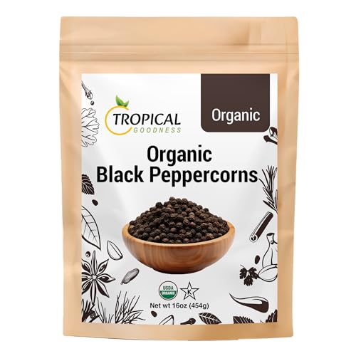 Tropical Goodness Organic Black Peppercorns Whole 1 lb (16 oz) — Ceylon Highlands, Steam Sterilized, Lab-Tested for Heav