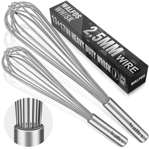 Walfos Whisks Large Whisk Set of 2, Heavy Duty Stainless Steel Wire Whisk Ideal For Beating Eggs, Mixing Batter & Blendi