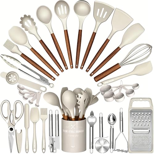 Umite Chef Thickened Silicone Cooking Utensils Set with Natural Wooden Handle- Kitchen Utensils Set, 34PCS Heat Resistan