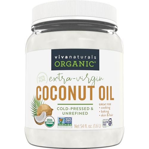Viva Naturals Organic Coconut Oil, 54 fl oz – Unrefined, Cold-Pressed Extra Virgin Coconut Oil, USDA Organic & Non-GMO, 