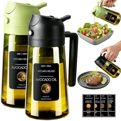 Poshetion 2 in 1 Olive Oil Sprayer for Cooking, 16oz Light-Proof Oil Dispenser for Kitchen, Leak-Proof Oil Spray Bottle 