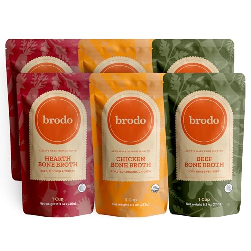 Brodo Classic Variety Pack with Collagen & Protein, Includes Organic Chicken, 100% Grass-Fed Beef, & Hearth Bone Broths 