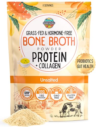 Paradise Naturals 100% Grass-Fed Natural Beef Bone Broth Powder + Active Probiotics, Collagen, 15g Protein, Non-GMO, Low