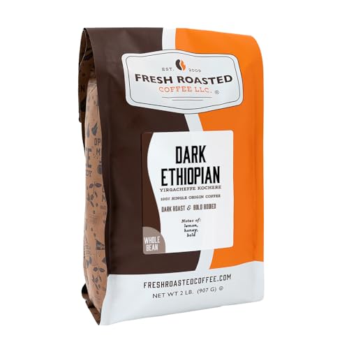 Fresh Roasted Coffee, Dark Ethiopian Yirgacheffe Kochere Whole Bean Coffee, Dark Roast, Kosher, 2 lb (32 oz)