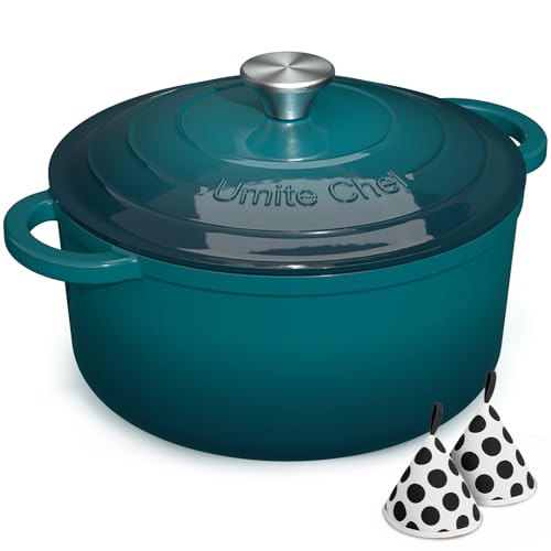 Umite Chef 7QT Enameled Cast Iron Dutch Oven with Lid & Cotton Potholders–Heavy-Duty Cookware for Bread Baking, Braising