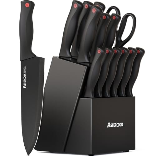 Knife Set, Astercook 15 Pieces Knife Sets for Kitchen with Block, Dishwasher Safe Kitchen Knife Set with Built in Sharpe