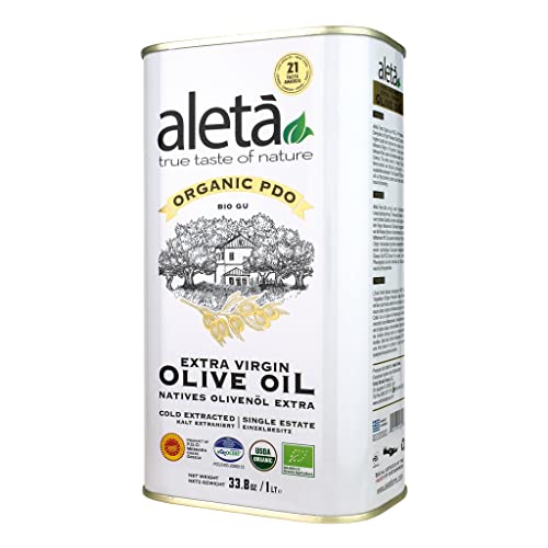 Aleta, USDA Organic Greek Extra Virgin Olive Oil, EU Certified Single Estate PDO Greece, 1 Lt (33.8 oz.) Tin, Kosher EK,