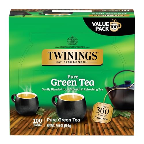 Twinings Pure Green Tea Individually Wrapped Bags, 100 Count (Pack of 1), Smooth & Refreshing, Caffeinated, Enjoy Hot or