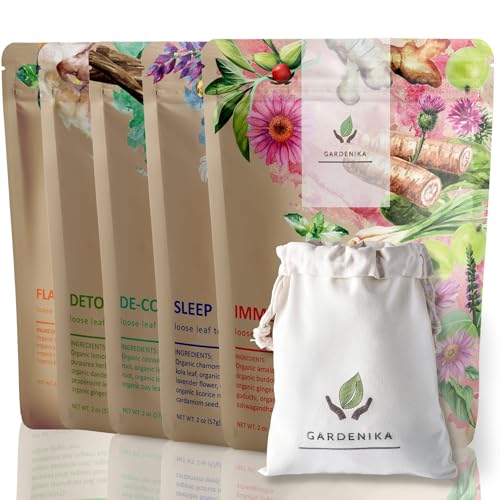 Gardenika Organic Loose Leaf Tea Sampler - Herbal Caffeine-Free Set - Ayurvedic Blend, KSA Kosher, No Natural or Artific