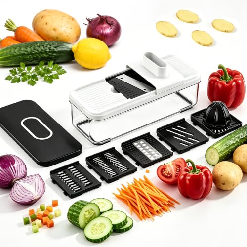 7-in-1 Mandoline Vegetable Slicer, Multi-Purpose Food Chopper & Grater with 5 Interchangeable Blades, Adjustable Julienn