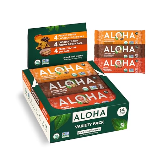 ALOHA Organic Plant Based Protein Bars - 3 Flavor Variety Pack - 12 Count, 1.98oz Bars - Vegan Snacks, Low Sugar, Gluten
