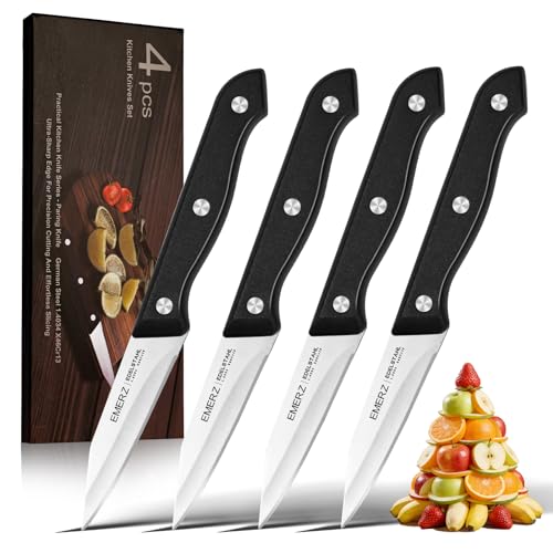 EMERZ Paring Knives Set of 4,Sharp Stainless Steel Paring Knife,3.5inch,Ergonomic PP Plastic Handle,Triple Rivet Small K