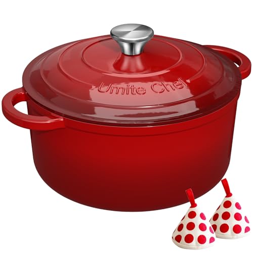Enameled Cast Iron Dutch Oven - Umite Chef 5QT Pot with Lid & Cotton Potholders - Heavy-Duty Cookware for Bread Baking, 