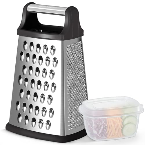 Ourokhome Cheese Grater, Handheld Box Grater with Container & Lid, 4-Sided Stainless Steel for Kitchen, Wavy Julienne, S