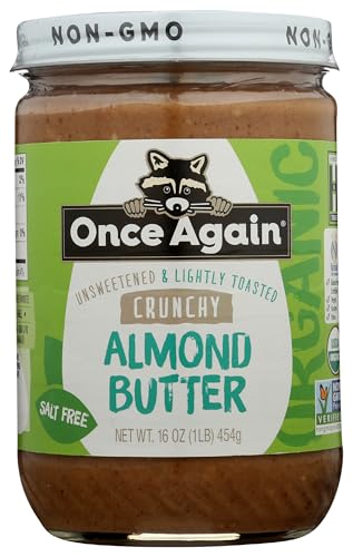 Once Again Organic Crunchy Almond Butter, 16oz - Lightly Toasted - Salt Free, Unsweetened - USDA Organic, Gluten Free Ce