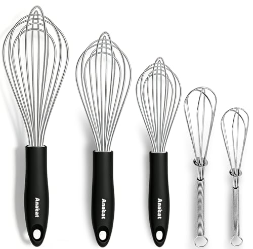 Anaeat Stainless Steel Kitchen Whisk Set of 5, Milk and Egg Beater Blender with Thick Wire for Whisking, Cooking, Baking