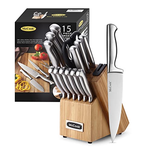 McCook® Knife Sets,German Stainless Steel Knife Block Sets with Built-in Sharpener, 15 Piece Chef Knife and More, Razor 