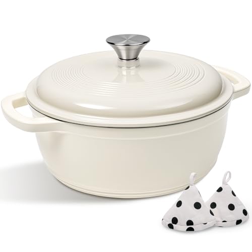 Enameled Cast Iron Dutch Oven Pot With Lid - AIVIKI 5QT Dutch Oven for Bread Baking With Cotton Potholders - Heavy-Duty 