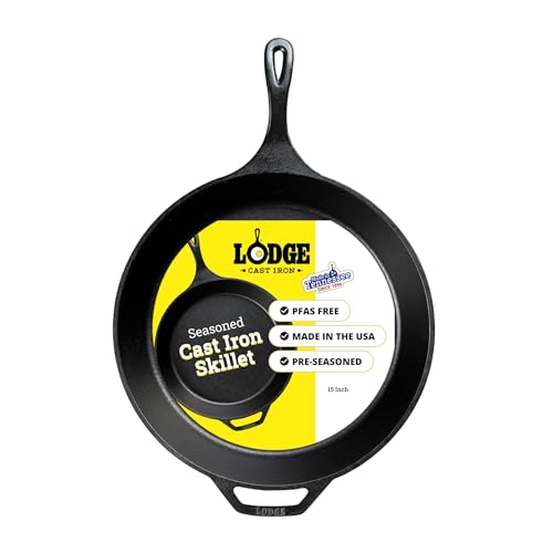 Lodge Seasoned Cast Iron Skillet 15 Inches - Frying Pan for the Stove, Grill or Campfire - Cooks Evenly - Features Easy-
