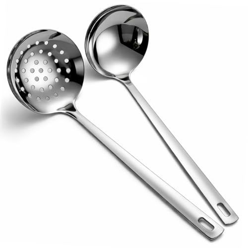 Berglander Slotted Spoons and Kitchen Ladle Spoon Set 2 Pcs, Stainless Steel Kitchen Spider Strainer Skimmer Soup Ladle 
