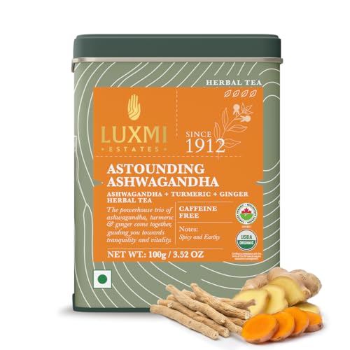 Luxmi Estates Ashwagandha Turmeric Tea | Organic Loose Leaf, 100g/3.5oz, (50 Cups) | Herbal Blend with Ashwagandha, Turm