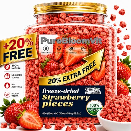 WildSap Emeralds Freeze Dried Strawberries Dices - 19.2oz Bulk Family Size Canned, 100% Fruit No Added Sugar Unsweetened