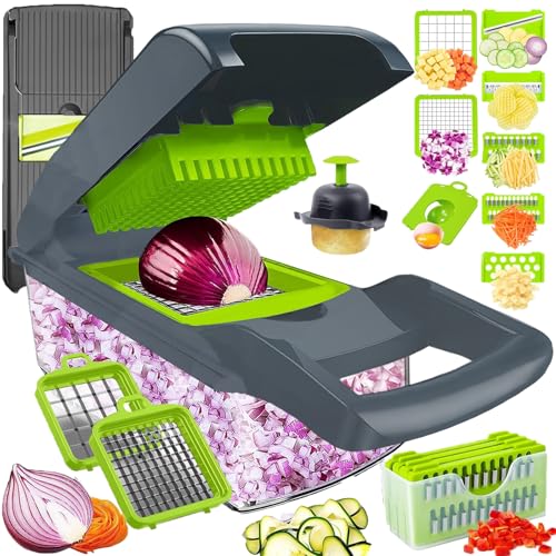 Vegetable Chopper Dicer with Container | Cheese Grater Mandoline Slicer Cabbage Shredder French Fry Cutter Stainless Ste