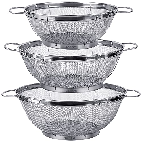 3 Pack 18/8 Stainless Steel Colander Sieves(5-Quart, 4-Quart and 3-Quart), Mesh Strainer Net Baskets with Handles & Rest