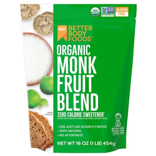 BetterBody Foods Organic Monk Fruit Sweetener Blend, Raw Cane Sugar Substitute, Zero Calorie, Keto Diet Friendly, Zero N