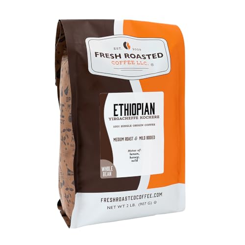 Fresh Roasted Coffee, Ethiopian Yirgacheffe Kochere Whole Bean Coffee, Medium Roast, Kosher, 2 lb (32 oz)