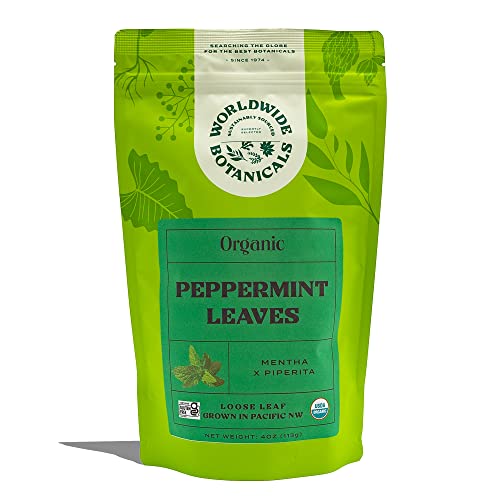 Worldwide Botanicals Organic Peppermint Loose Leaf Tea, 4 oz - Pacific Northwest Organic Cultivation, Highly Aromatic Di
