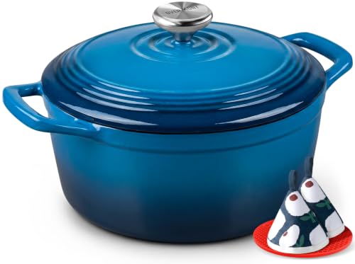 Overmont Enameled Cast Iron Dutch Oven - 5.5QT Pot with Lid Cookbook & Cotton Potholders - Heavy-Duty Cookware for Brais