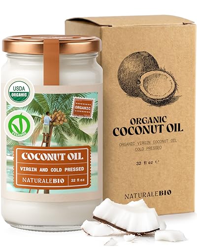 NaturaleBio Organic Virgin Coconut Oil 32 fl oz Raw Cold Pressed for Skin, Hair, Moisturizer, Massage, Body, Hand, Cream